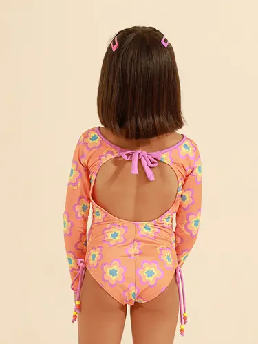 Maiô Infantil Manga Longa Flores Colorê