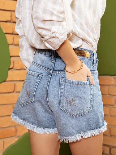 Shorts Jeans com Strass Butterfly Stone